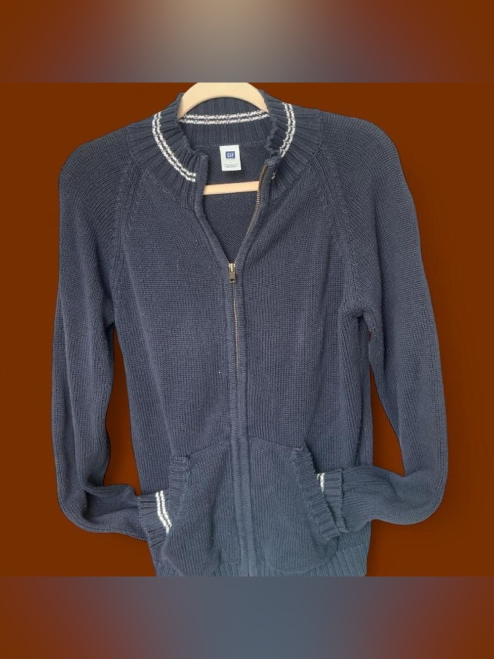 GAP Navy Zip Front Knit Cardigan with Contrast Trim